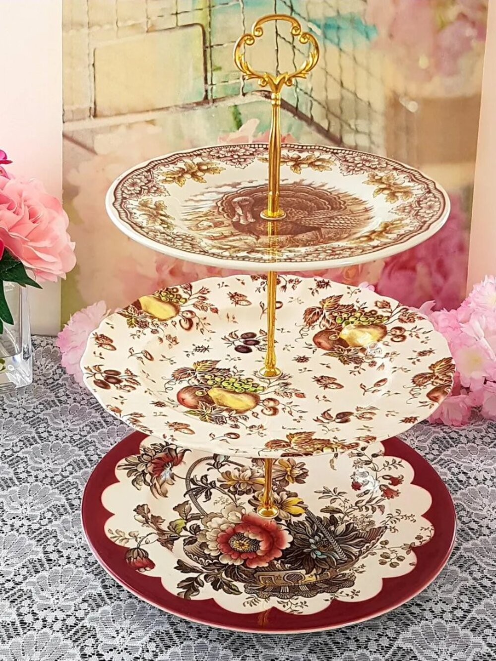 Farmhouse 3-Tier Cake Stand Brown Transferware Dessert Stand Thanksgiving